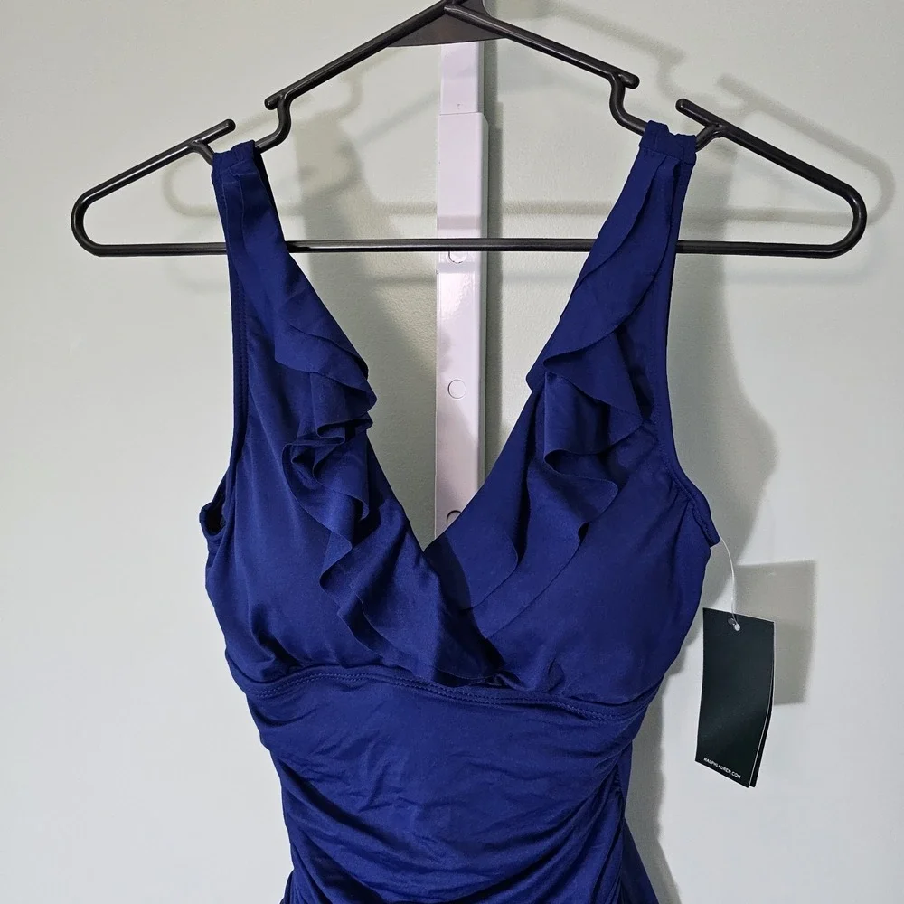 Lauren Ralph Lauren Beach Club Solid‎ Ruffle Surplice One-Piece Size 4 Indigo